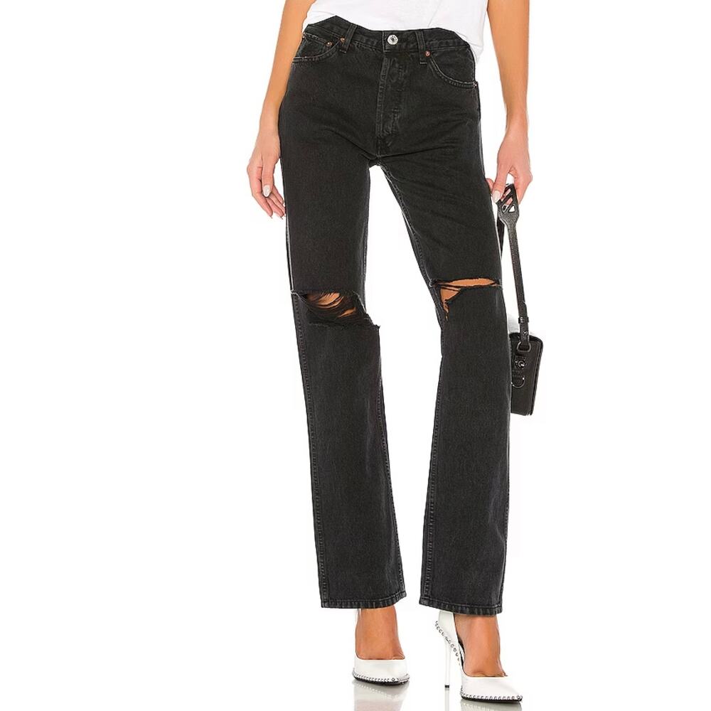 Re/Done 90s High Rise Loose Fit Relaxed Straight Leg‎ Washed Black Ripped Jeans